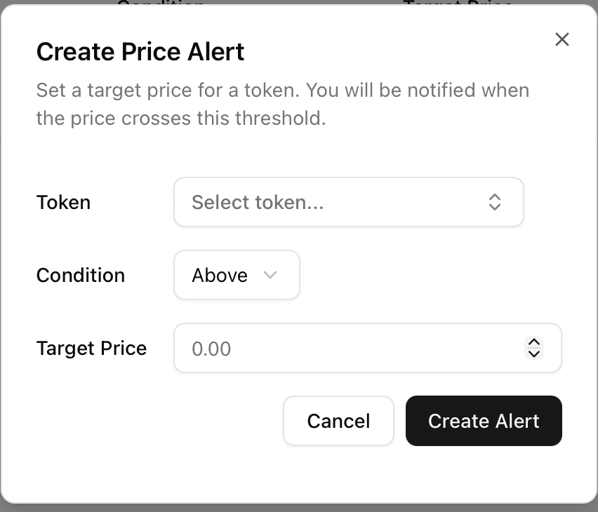 Screenshot of the Add Notification form showing fields for coin name, alert price, and condition