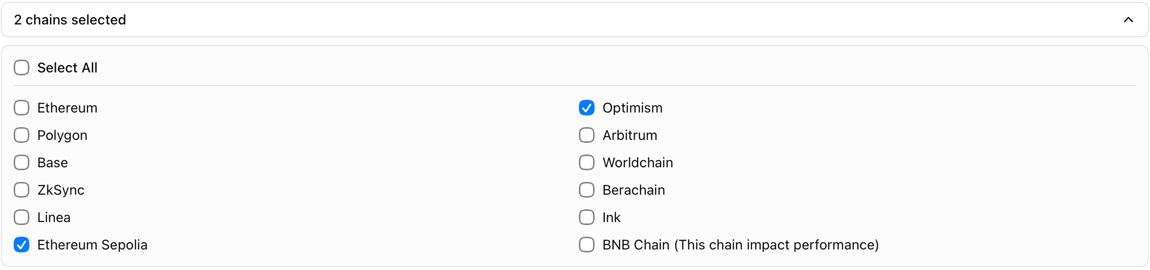 Screenshot of the chain selection dropdown menu